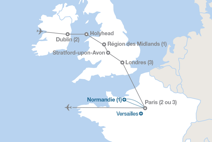 Image affichant une carte décrivant l'itinéraire du circuit Dublin, Londres et Paris