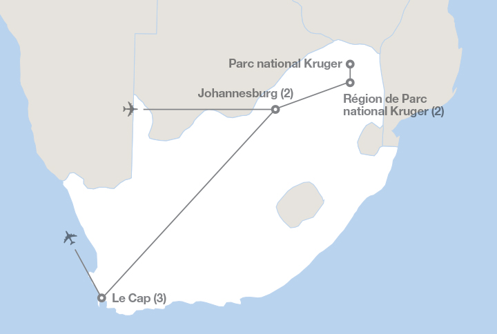 Image affichant une carte décrivant l'itinéraire du circuit Découvrez l’Afrique du Sud