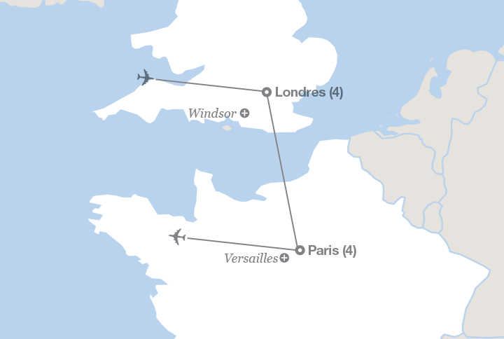 Image affichant une carte décrivant l'itinéraire du circuit Londres et Paris : une découverte