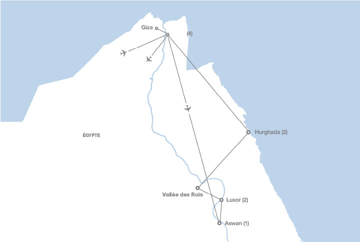 Image affichant une carte décrivant l'itinéraire du circuit  Merveilles anciennes de l’Égypte