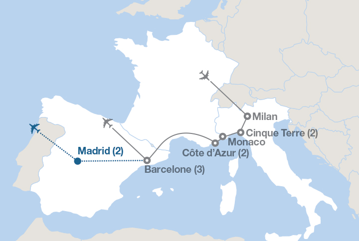Image affichant une carte décrivant l'itinéraire du circuit Côte méditerranéenne d’Europe