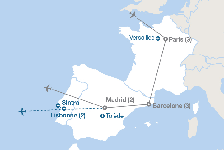 Image affichant une carte décrivant l'itinéraire du circuit France et Espagne