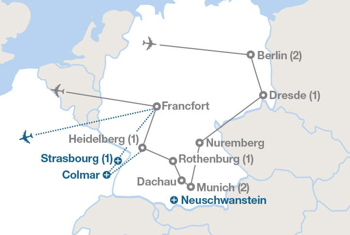 Image affichant une carte décrivant l'itinéraire du circuit Allemagne en profondeur