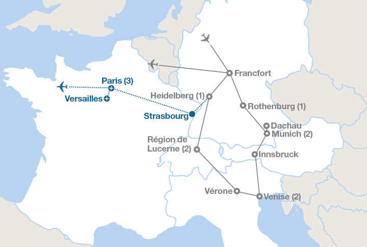 Image affichant une carte décrivant l'itinéraire du circuit Allemagne, Italie et Suisse