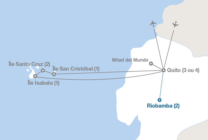 Image affichant une carte décrivant l'itinéraire du circuit Exploration des îles Galápagos