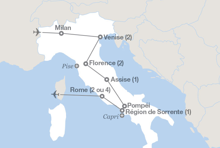 Image affichant une carte décrivant l'itinéraire du circuit Grand tour d’Italie 