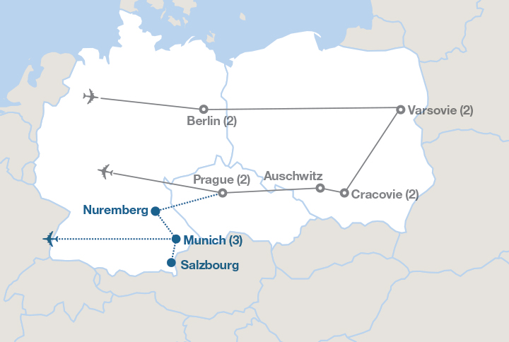 Image affichant une carte décrivant l'itinéraire du circuit L’Europe centrale et l’Holocauste