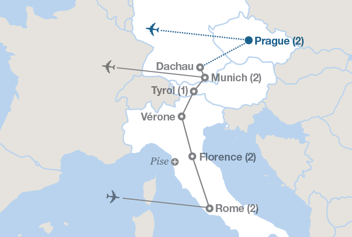 Image affichant une carte décrivant l'itinéraire du circuit Italie et Allemagne