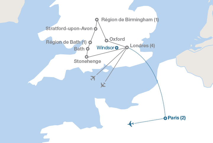 Image affichant une carte décrivant l'itinéraire du circuit À la découverte de  l’Angleterre