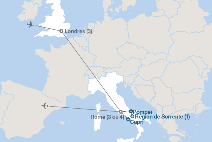Image affichant une carte décrivant l'itinéraire du circuit Londres et Rome