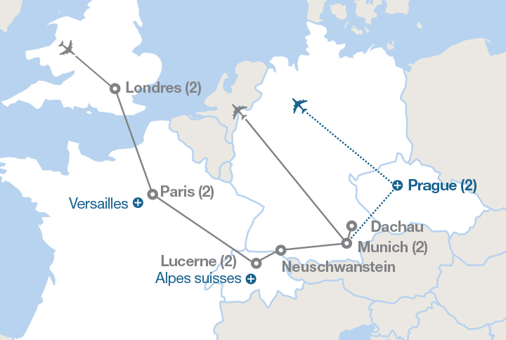 Image affichant une carte décrivant l'itinéraire du circuit Londres, Paris et les Alpes