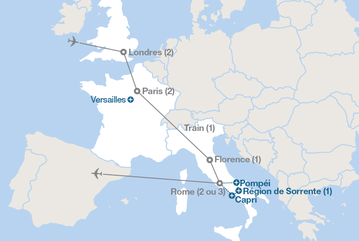 Image affichant une carte décrivant l'itinéraire du circuit Londres, Paris, Florence et Rome