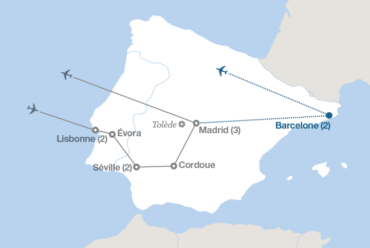 Image affichant une carte décrivant l'itinéraire du circuit Lisbonne, Séville et Madrid