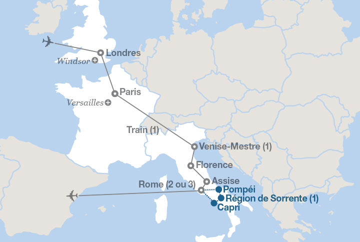 Image affichant une carte décrivant l'itinéraire du circuit Londres, Paris, Venise et Rome