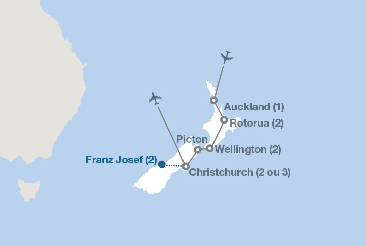 Image affichant une carte décrivant l'itinéraire du circuit La Nouvelle-Zélande du Nord au Sud