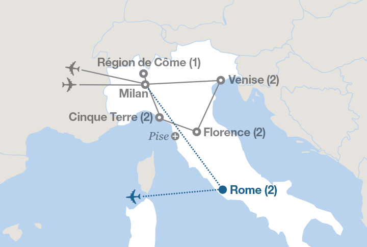 Image affichant une carte décrivant l'itinéraire du circuit Venise, Florence et les Cinque Terre
