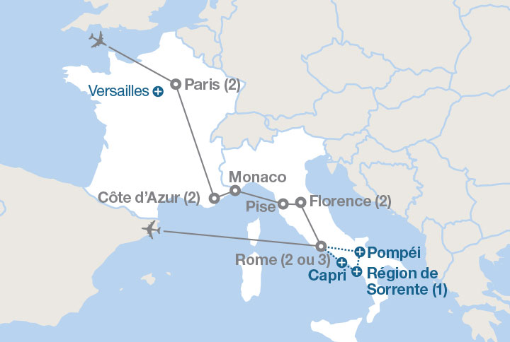 Image affichant une carte décrivant l'itinéraire du circuit Paris, la Côte d'Azur et Rome
