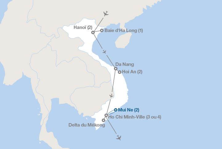 Image affichant une carte décrivant l'itinéraire du circuit À la découverte du Vietnam