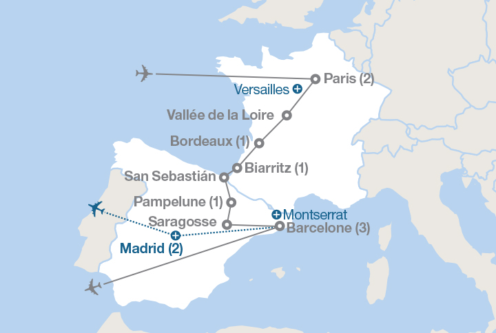 Image affichant une carte décrivant l'itinéraire du circuit De Paris jusqu'aux Pyrénées
