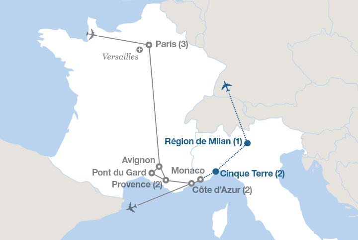 Image affichant une carte décrivant l'itinéraire du circuit Paris et la Côte d'Azur