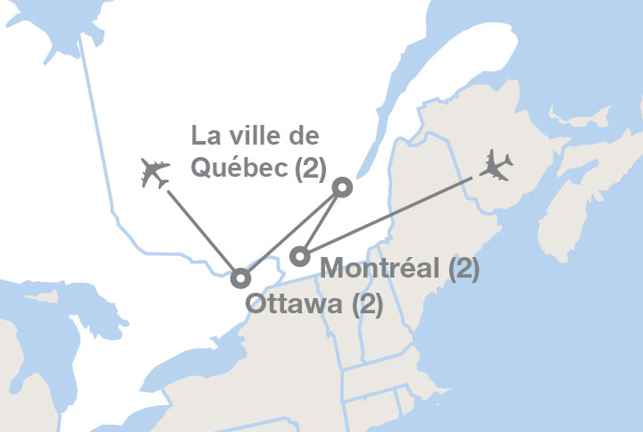 Image affichant une carte décrivant l'itinéraire du circuit Québec, Montréal et Ottawa