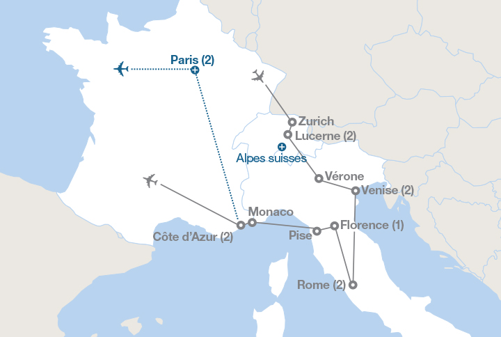 Image affichant une carte décrivant l'itinéraire du circuit Suisse, Italie et France