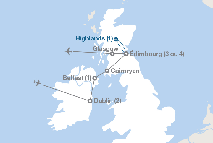 Image affichant une carte décrivant l'itinéraire du circuit L’Écosse et l’Irlande