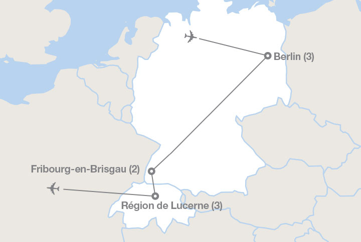Image affichant une carte décrivant l'itinéraire du circuit Les modes de vie durables en Allemagne et en Suisse