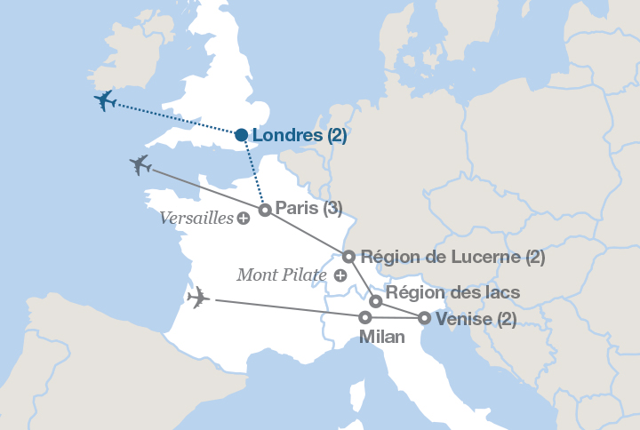 Image affichant une carte décrivant l'itinéraire du circuit Venise, les Alpes et Paris