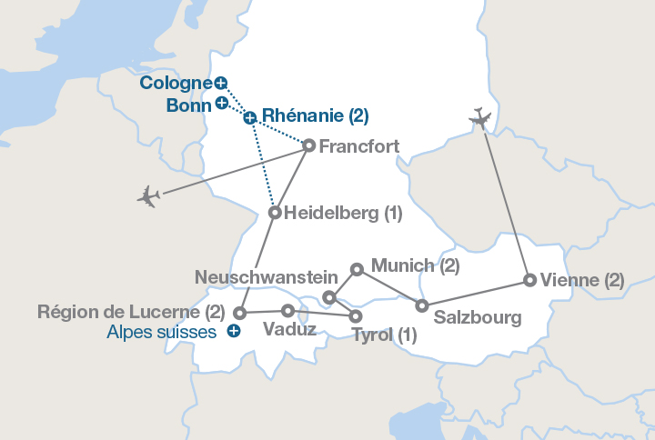 Image affichant une carte décrivant l'itinéraire du circuit Autriche, Allemagne et Suisse