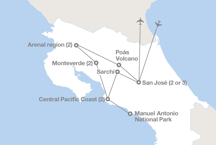 Image displaying map describing the itinerary of the Costa Rica: A Touch of the Tropics tour
