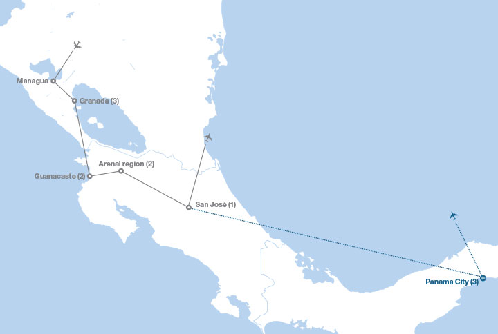 Image displaying map describing the itinerary of the Costa Rica and Nicaragua tour