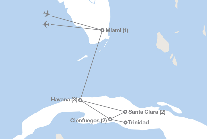 Image displaying map describing the itinerary of the Experience Cuba: Culture and Community tour