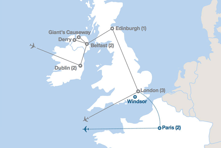 Image displaying map describing the itinerary of the Capitals of the British Isles tour