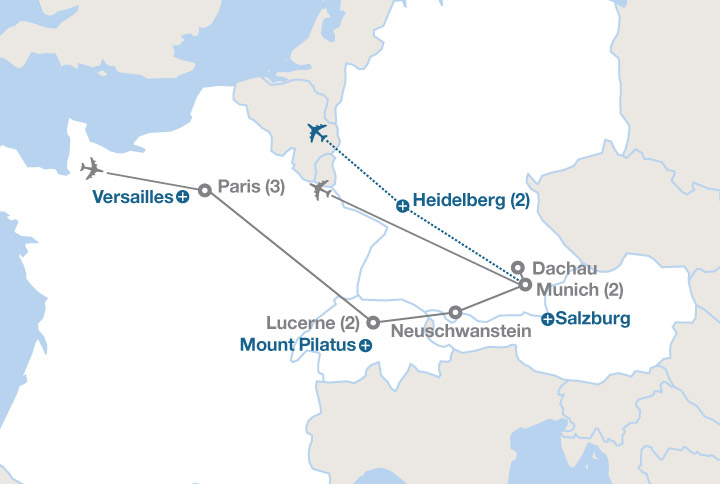 Image displaying map describing the itinerary of the France, Germany and the Alps tour