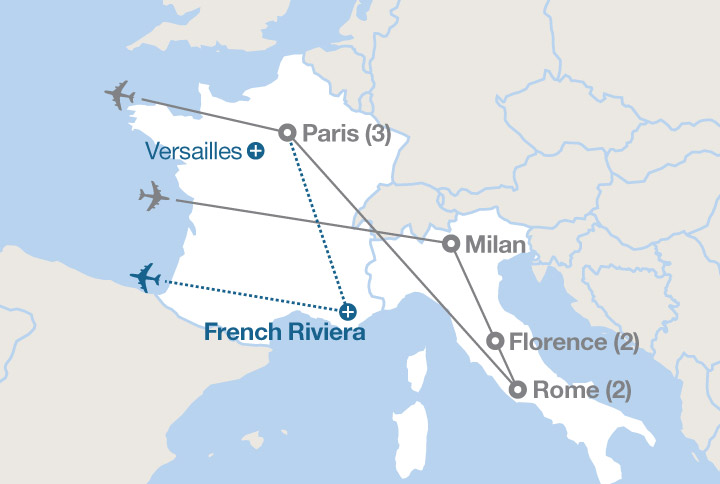 Image displaying map describing the itinerary of the Florence, Rome & Paris tour