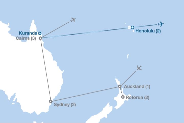 Image displaying map describing the itinerary of the Journey Down Under tour