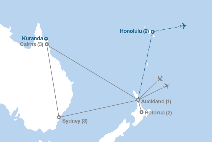 Image displaying map describing the itinerary of the Journey Down Under tour