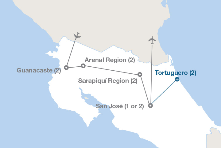 Image displaying map describing the itinerary of the Language Immersion Through Costa Rica tour