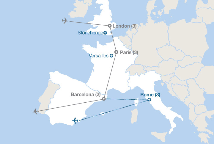 Image displaying map describing the itinerary of the London, Paris and Barcelona tour