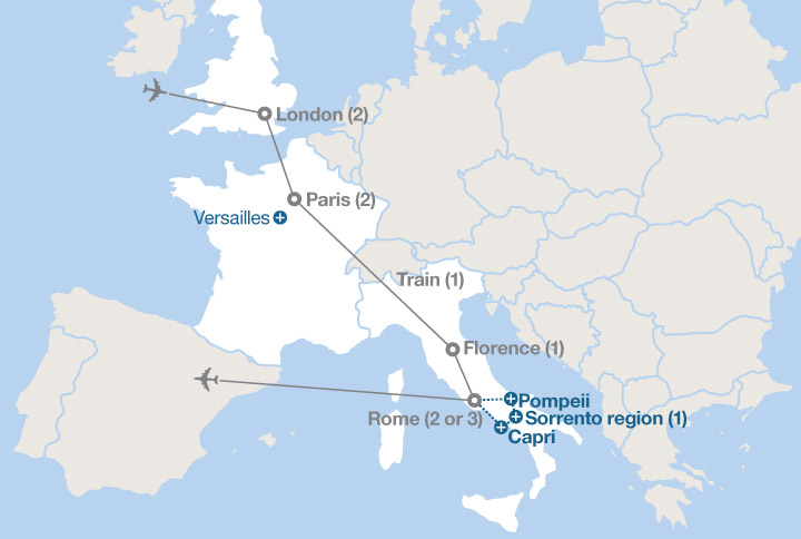 Image displaying map describing the itinerary of the London, Paris, Florence and Rome tour