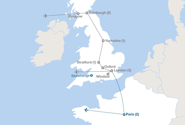 Image displaying map describing the itinerary of the England and Scotland tour