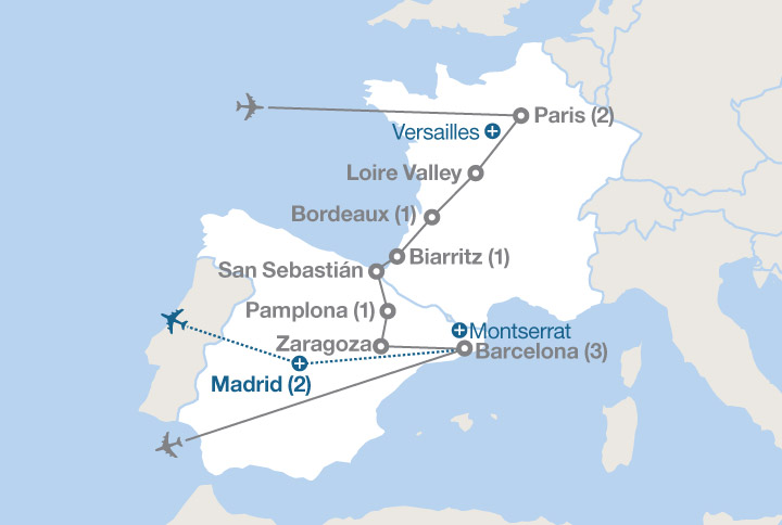 Image displaying map describing the itinerary of the Paris to the Pyrenees tour