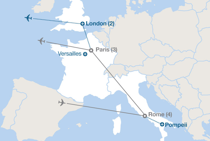 Image displaying map describing the itinerary of the Capitals of Italy and France tour
