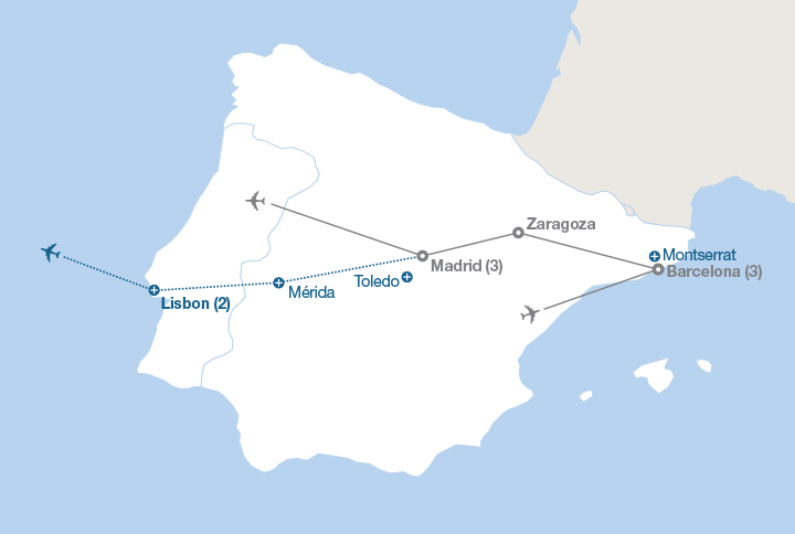Image displaying map describing the itinerary of the Barcelona and Madrid tour