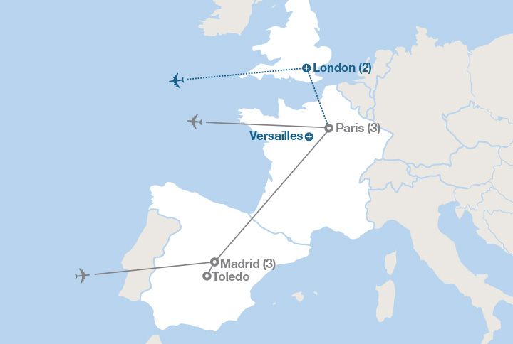 Image displaying map describing the itinerary of the Paris and Madrid tour