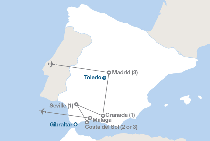 Image displaying map describing the itinerary of the Adventure in Spain tour