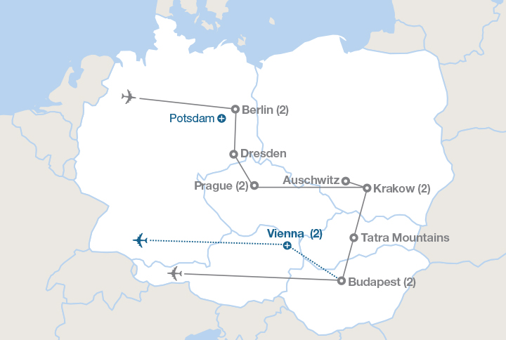 Image displaying map describing the itinerary of the Berlin, Prague, Krakow, and Budapest tour