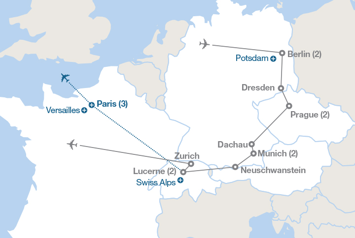 Image displaying map describing the itinerary of the Berlin, Prague and the Alps tour