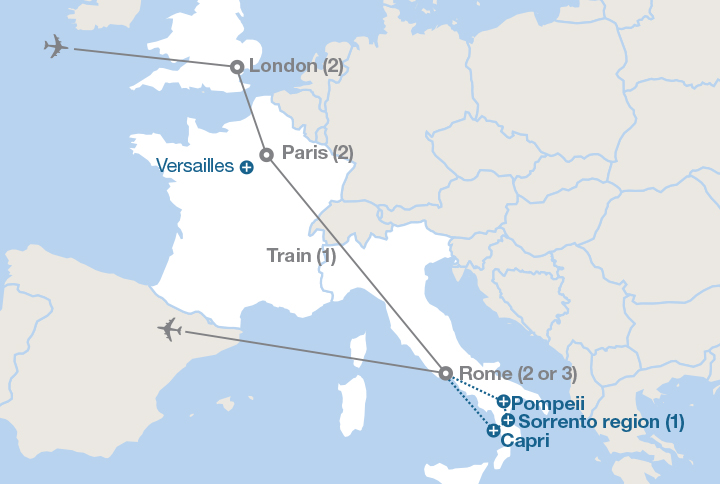 Image displaying map describing the itinerary of the London, Paris and Rome tour